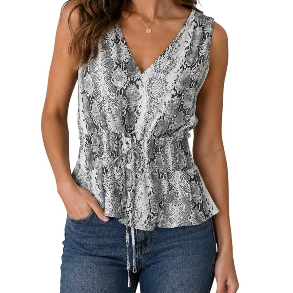 Ember Snakeskin Print Peplum Blouse Women's Medium Sleeveless Tie Waist V-Neck